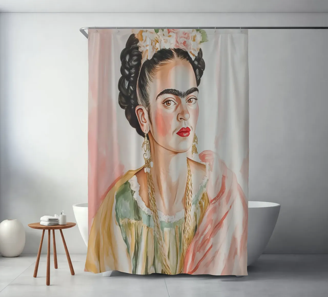 Frida in abito rosa pastello Ritratto tenda da doccia da Melloi Art Print