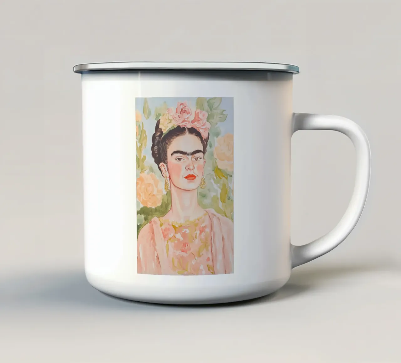Frida con sfondo floreale tazza in smalto da Melloi Art Print