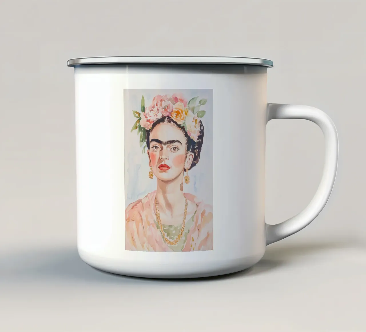 Ritratto di Frida ad acquerello tazza in smalto da Melloi Art Print