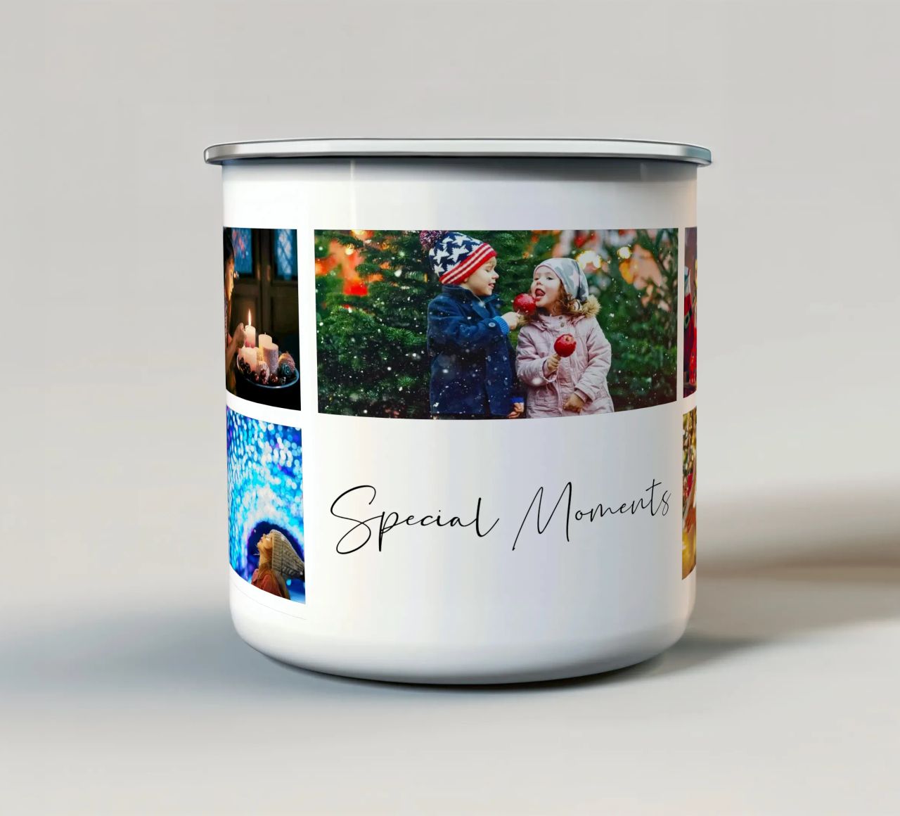 Photo Collage Template: Customize Background & Text enamel mug by Studio Patruschka