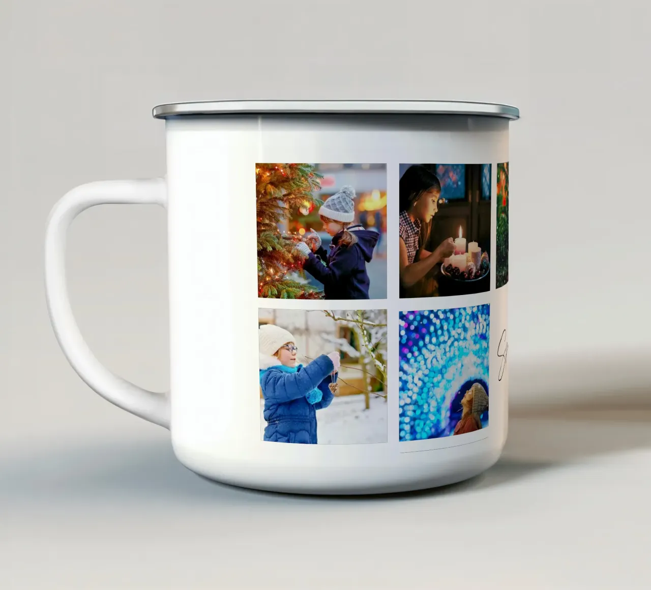 Plantilla de collage de fotos: Personalizar fondo y texto taza de esmalte de Studio Patruschka