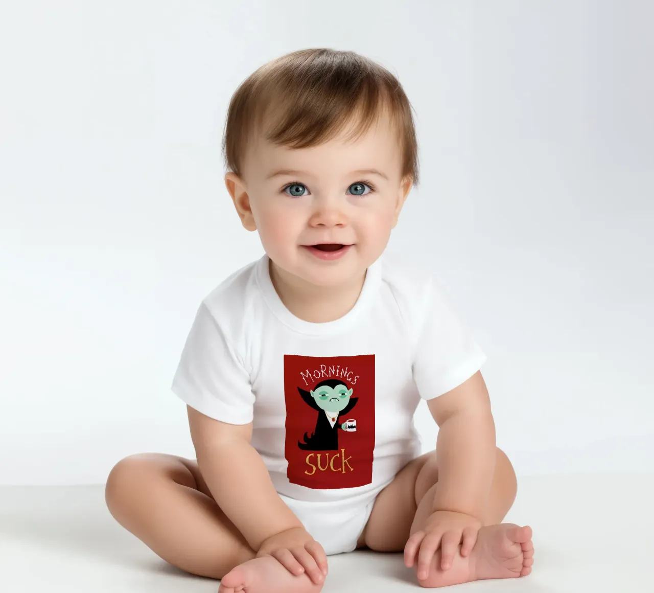 Mornings Suck short-sleeve baby romper by DinoMike