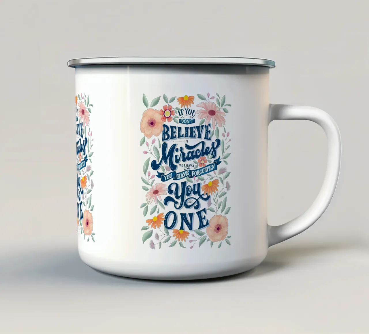 You are unique and a wonder. Floral pattern in pastel enamel mug by CalliLetters