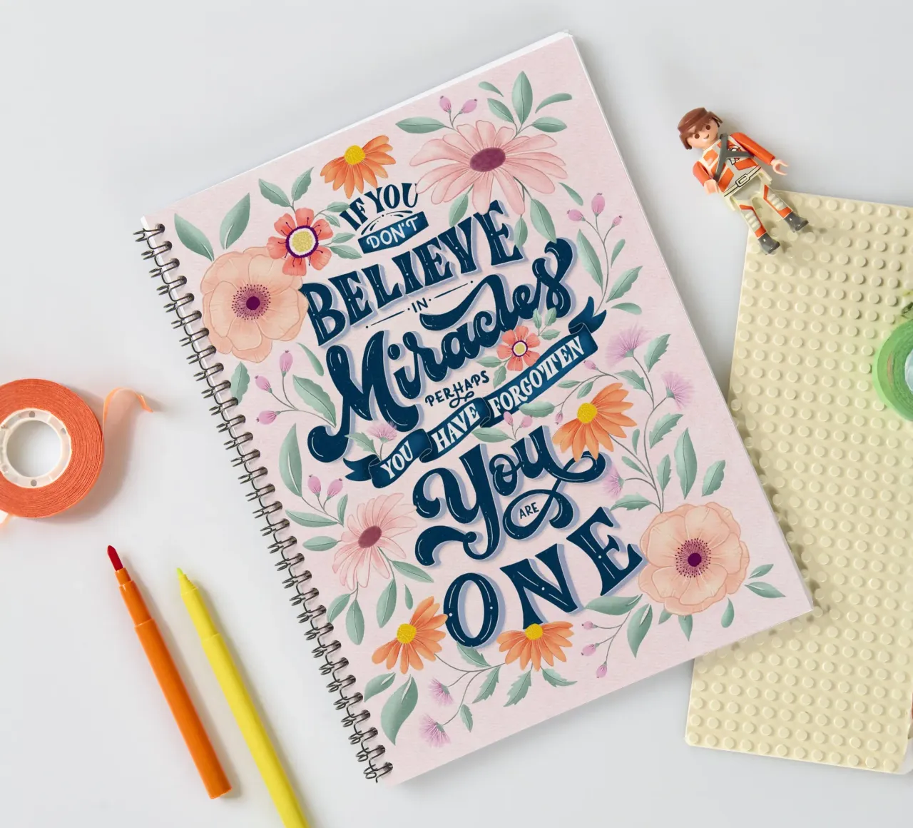 You are unique and a wonder. Floral pattern in pastel spiral notebook by CalliLetters