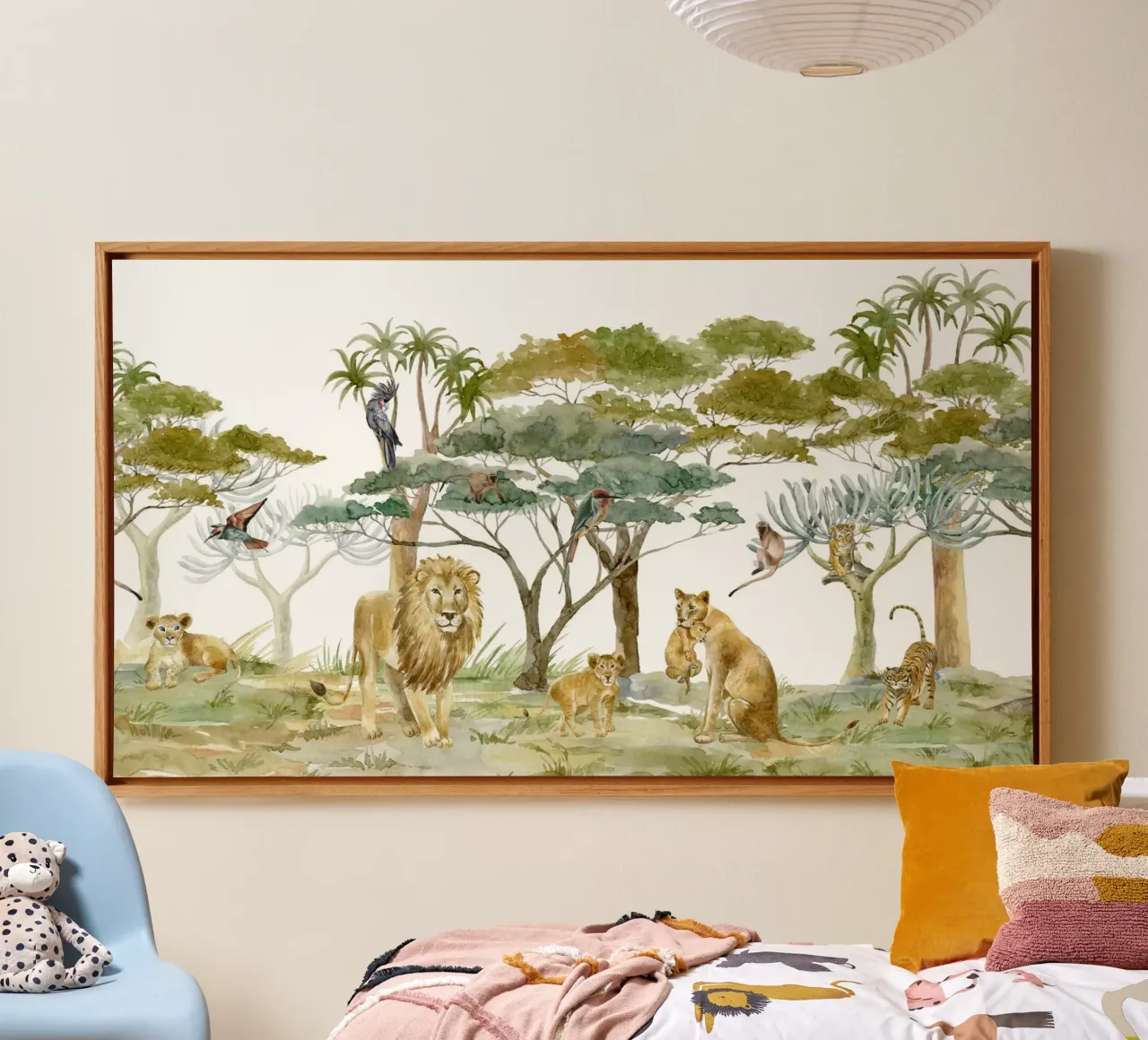 Grillige aquarel Afrikaanse dieren met leeuwenfamilie canvas met Baklijst van Vintage World - Uta Naumann