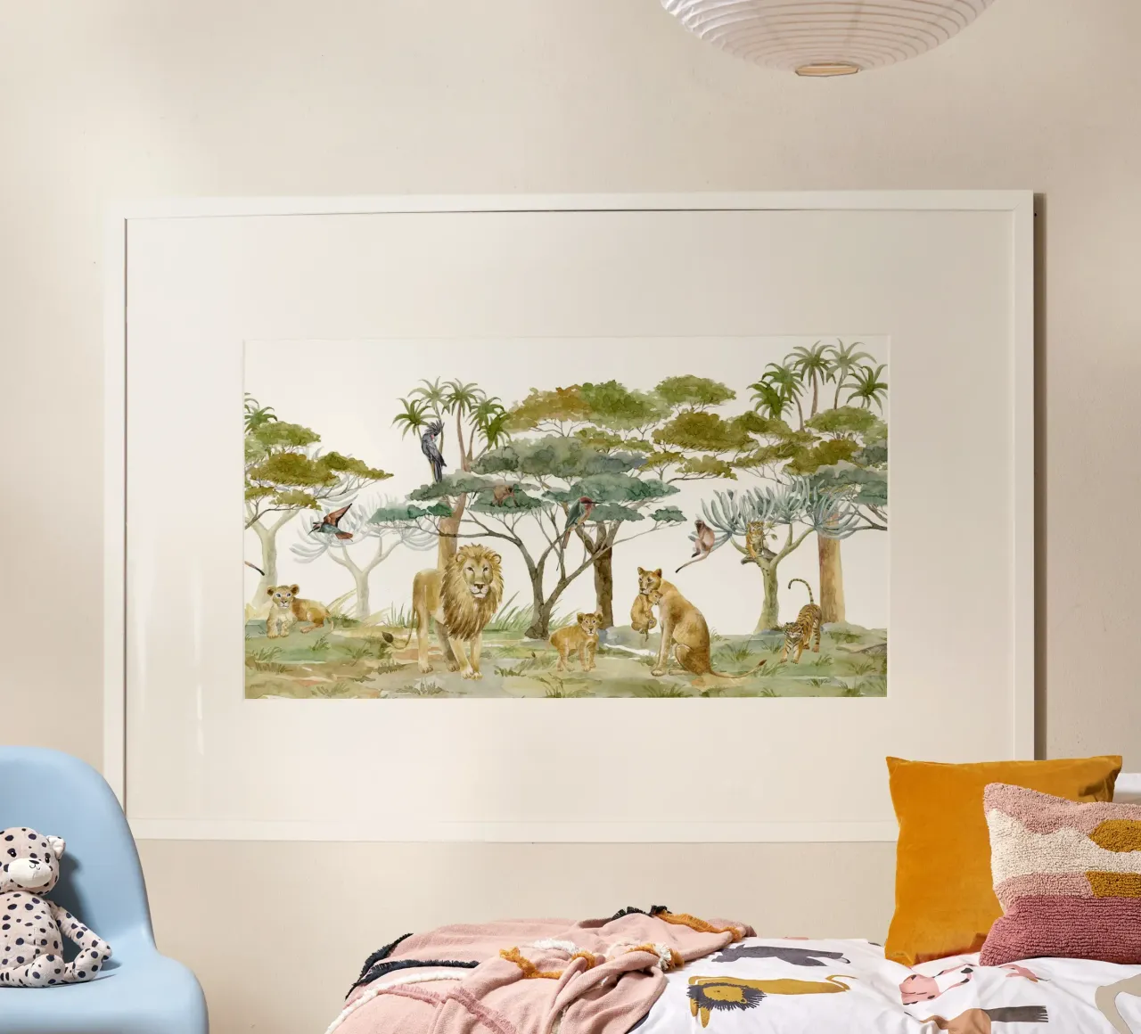 Grillige aquarel Afrikaanse dieren met leeuwenfamilie poster van Vintage World - Uta Naumann