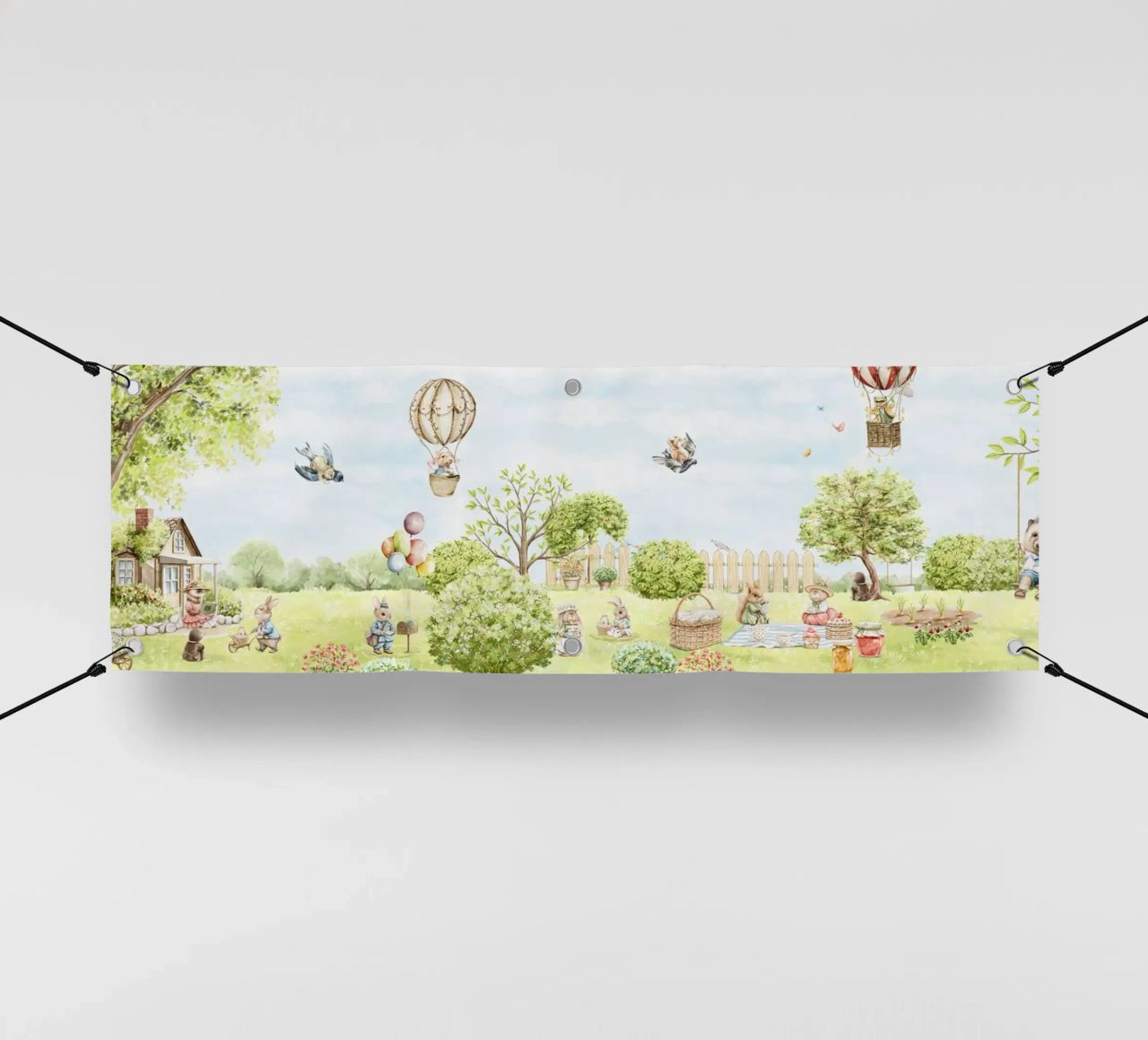 Il giardino dei coniglietti più carino della primavera - Panorama Wallpaper telo in pvc da Vintage World - Uta Naumann