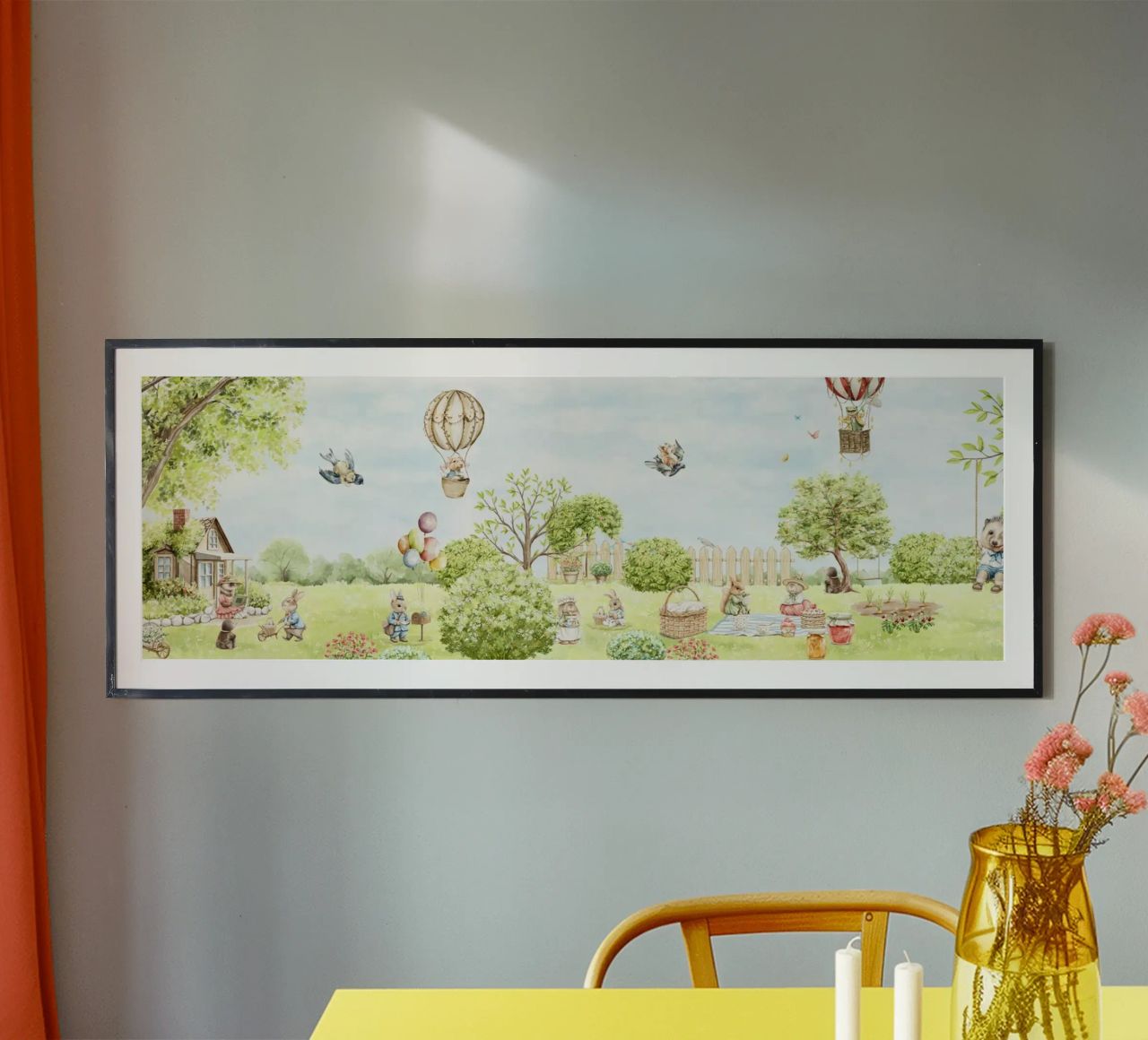 Das süßeste Kinderzimmer Frühling Bunny Garden - Panorama Wallpaper Poster von Vintage World - Uta Naumann