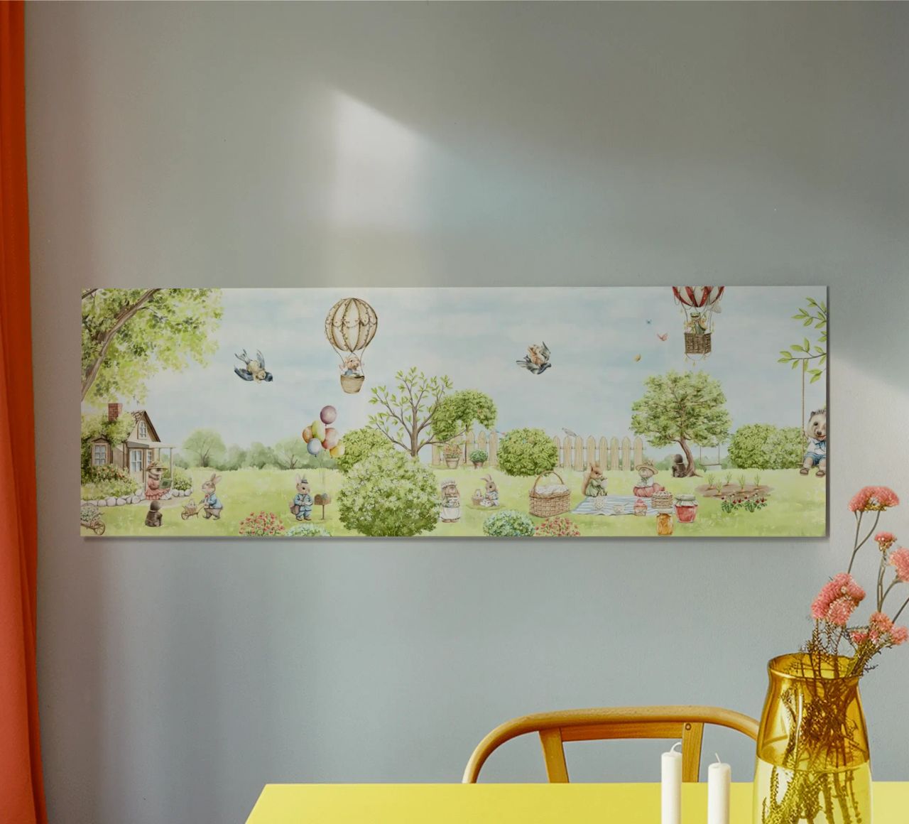 Das süßeste Kinderzimmer Frühling Bunny Garden - Panorama Wallpaper Poster von Vintage World - Uta Naumann