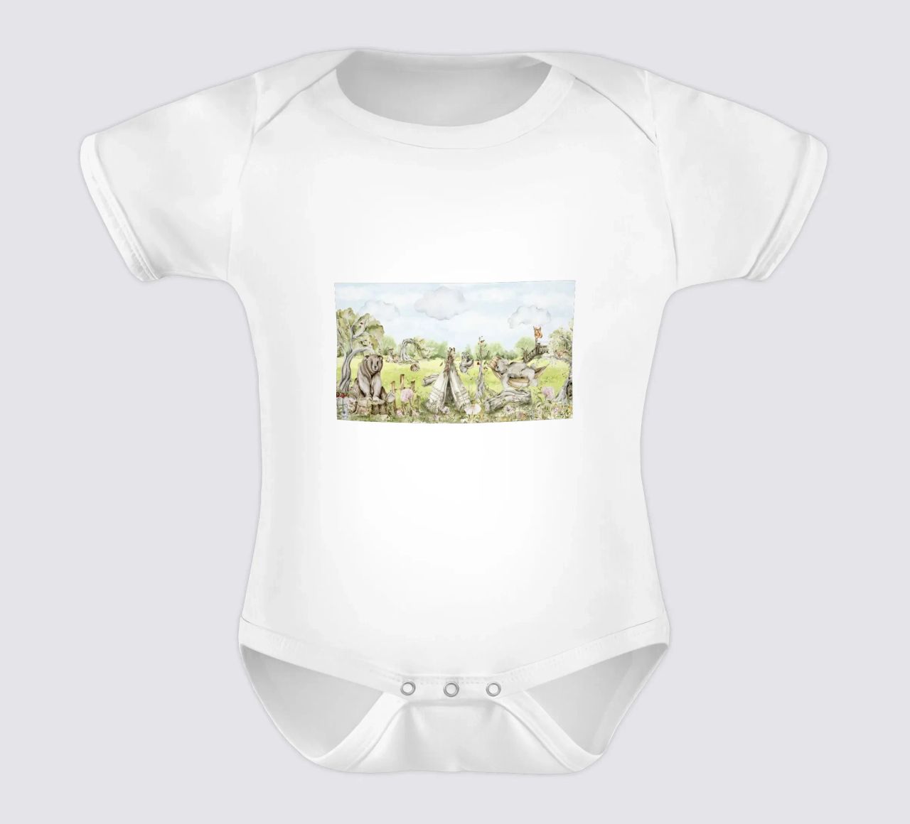 A lazy Summer Day In Garden With Woodland Animals - Panorama short-sleeve baby romper by Vintage World - Uta Naumann