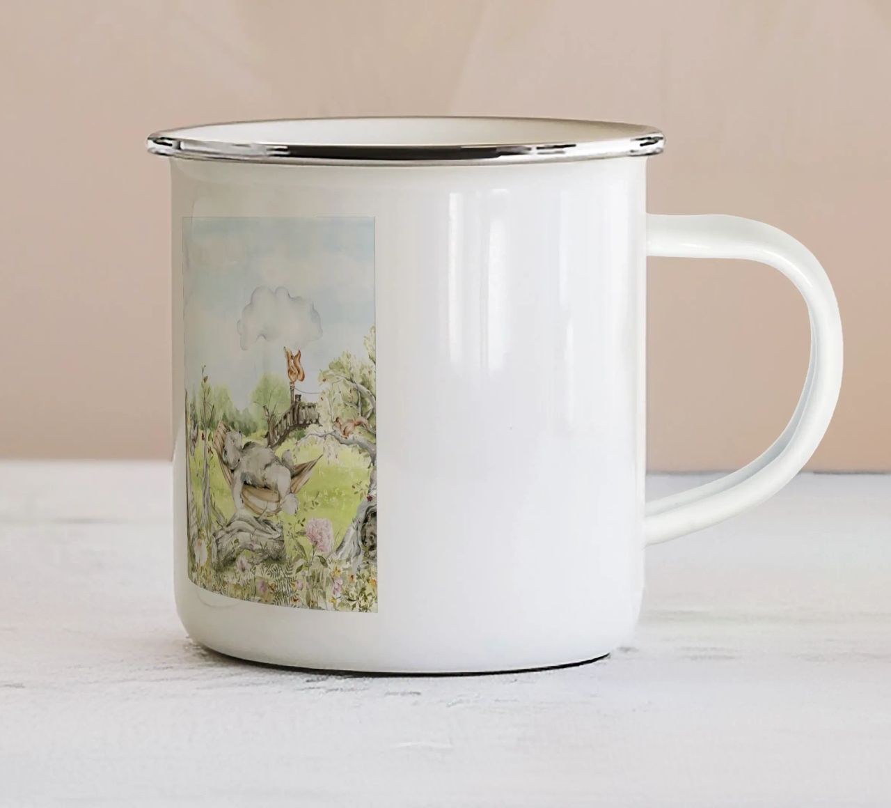 A lazy Summer Day In Garden With Woodland Animals - Panorama enamel mug by Vintage World - Uta Naumann