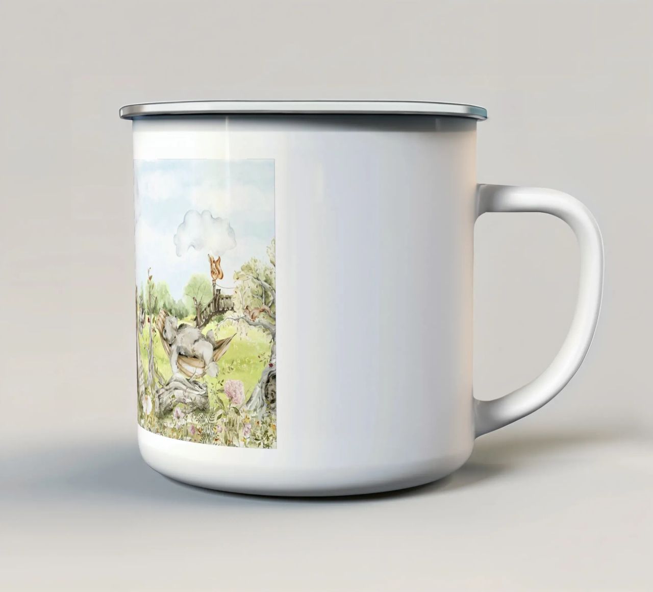 A lazy Summer Day In Garden With Woodland Animals - Panorama enamel mug by Vintage World - Uta Naumann