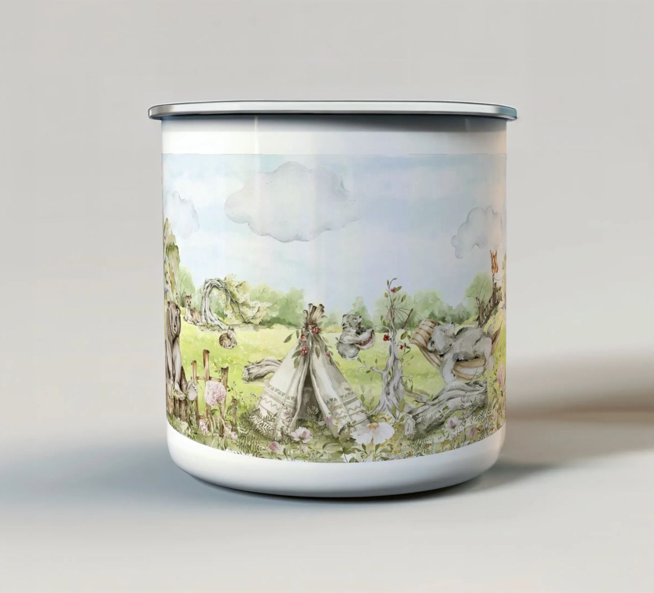 A lazy Summer Day In Garden With Woodland Animals - Panorama enamel mug by Vintage World - Uta Naumann
