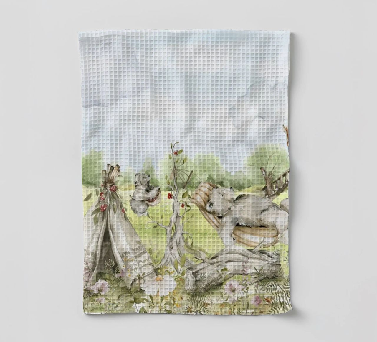 A lazy Summer Day In Garden With Woodland Animals - Panorama tea towel by Vintage World - Uta Naumann