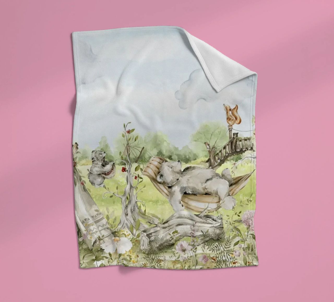 A lazy Summer Day In Garden With Woodland Animals - Panorama fleece blanket by Vintage World - Uta Naumann