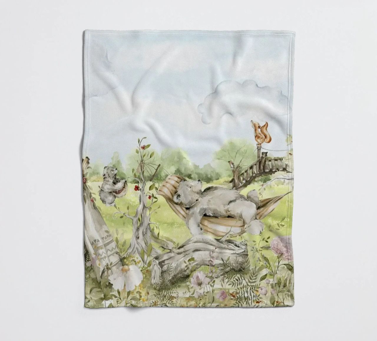 A lazy Summer Day In Garden With Woodland Animals - Panorama fleece blanket by Vintage World - Uta Naumann