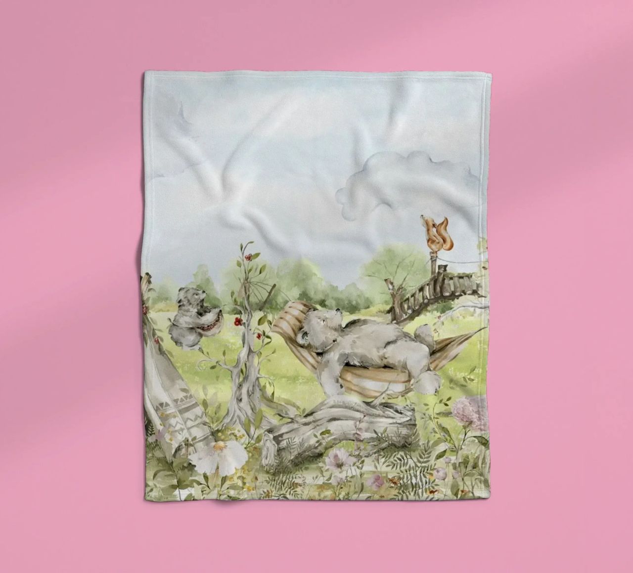A lazy Summer Day In Garden With Woodland Animals - Panorama fleece blanket by Vintage World - Uta Naumann
