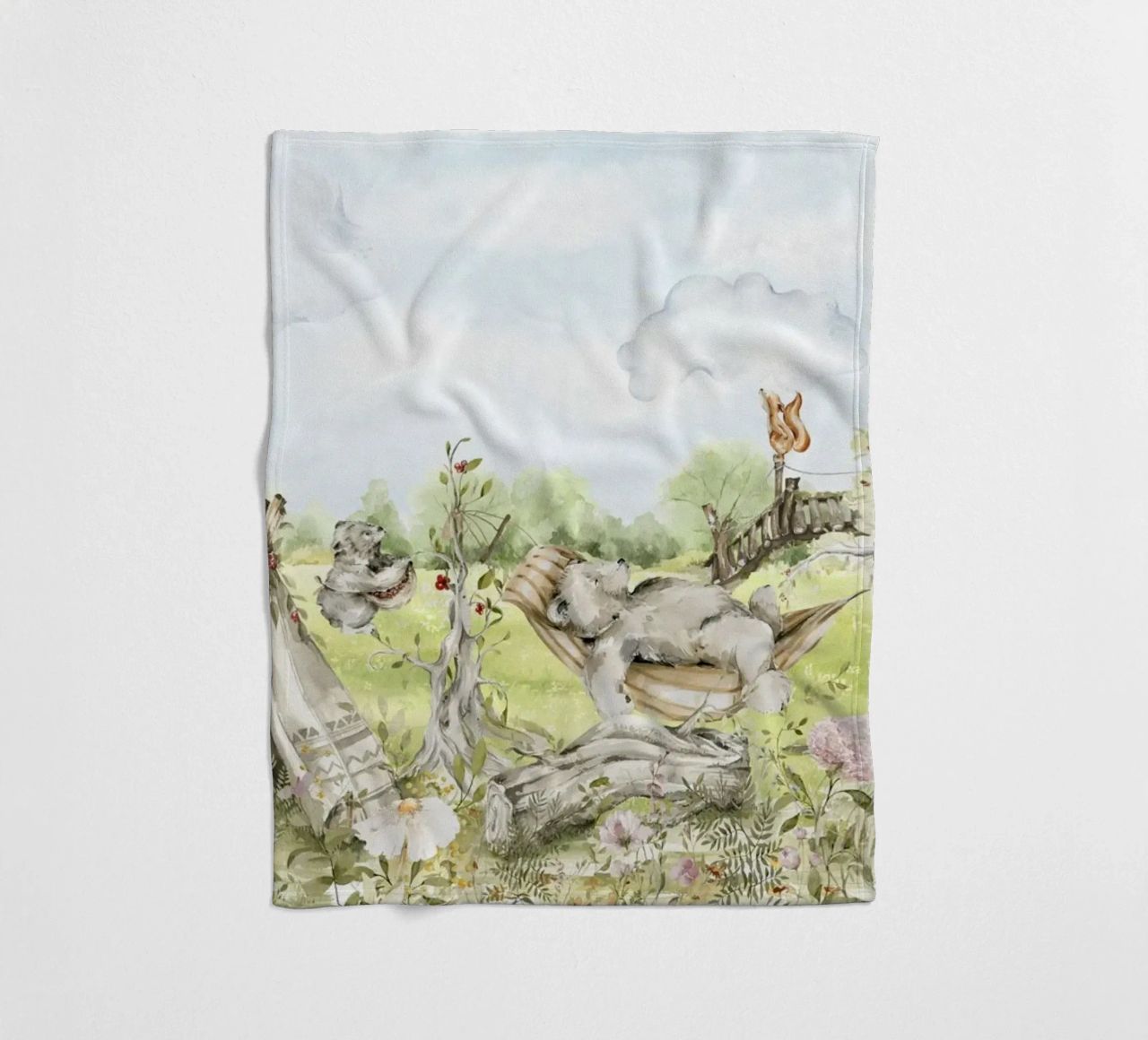 A lazy Summer Day In Garden With Woodland Animals - Panorama fleece blanket by Vintage World - Uta Naumann
