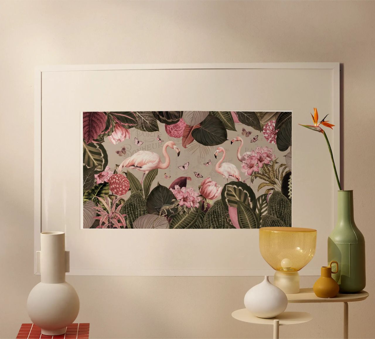 Vintage Tropical Flamingos Paradise Landscape (Paysage de paradis) poster de Vintage World - Uta Naumann