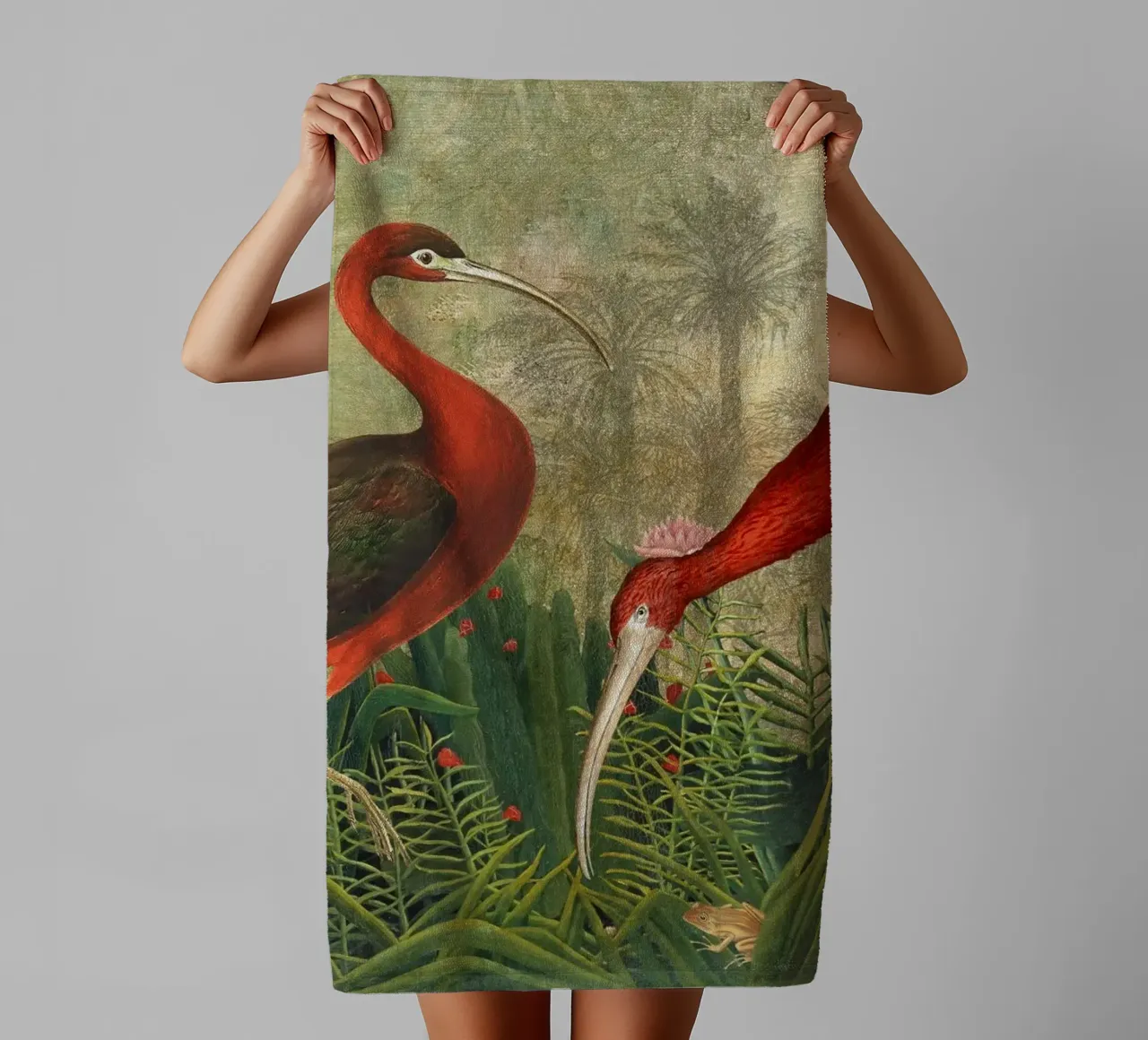 Ibis esotici d'epoca in un giardino tropicale asciugamano da bagno da Vintage World - Uta Naumann