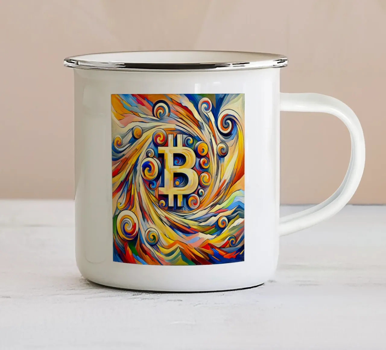 Swirl_BTC tazza in smalto da Crypto_Jungle