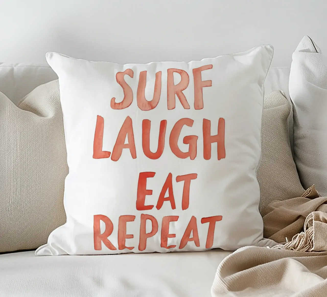 Surf Laugh Eat Repeat decorative cushion by treechild