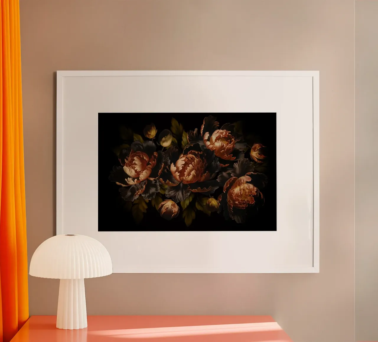 Rame scuro Peonie d'epoca Giardino barocco mistico poster con telaio in legno da Flower Garden - Uta Naumann