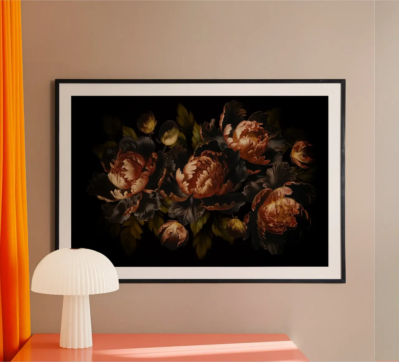 Rame scuro Peonie d'epoca Giardino barocco mistico poster con telaio in legno da Flower Garden - Uta Naumann