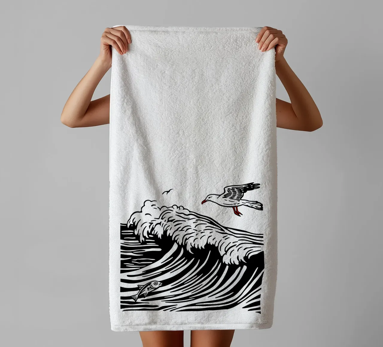 Seagull and fish in the waves | Maritime motif towel by Autofocus