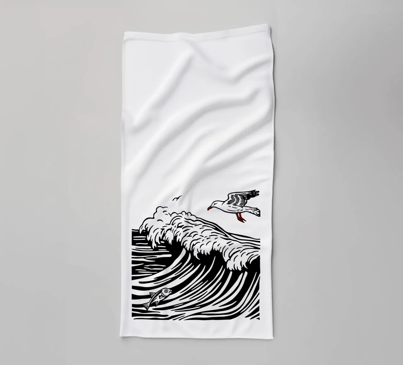 Seagull and fish in the waves | Maritime motif towel by Autofocus