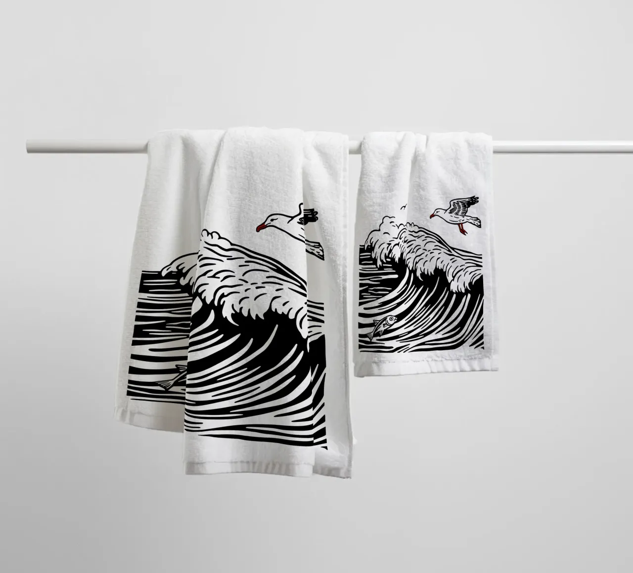 Seagull and fish in the waves | Maritime motif towel by Autofocus