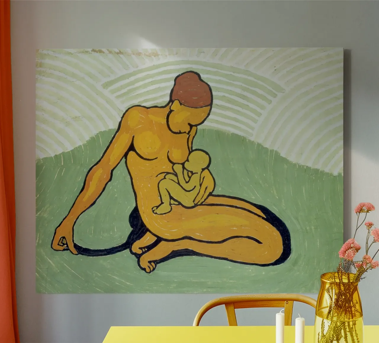 Wilhelm Morgner - Moeder met kind op groene grond canvas met Baklijst van ARTOTHEK