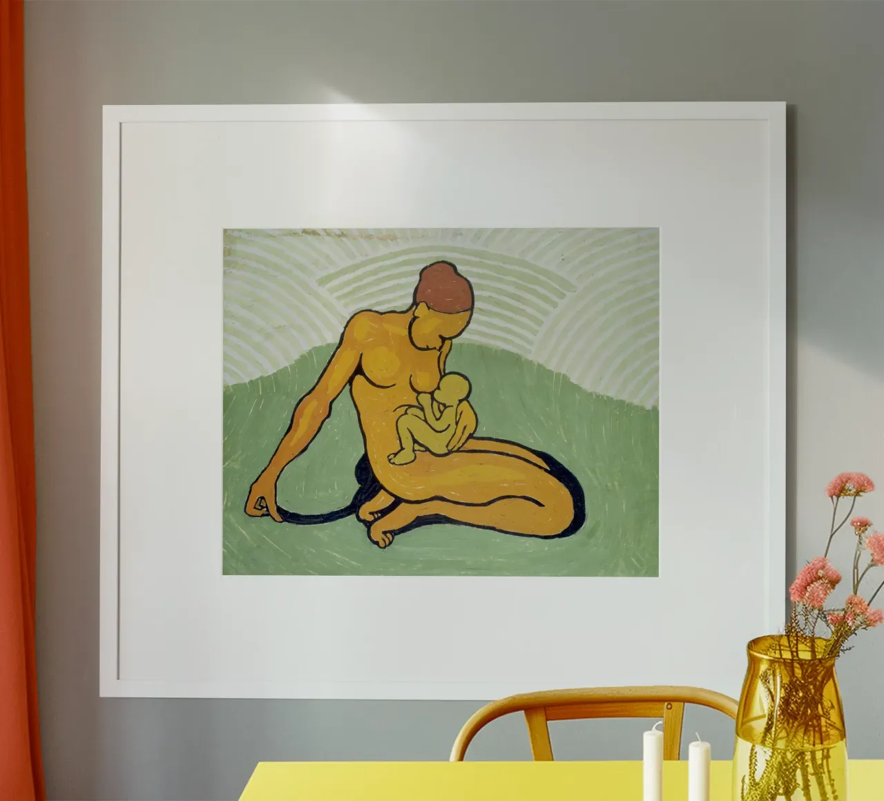 Wilhelm Morgner - Mutter mit Kind auf grünem Grund Poster mit Kunststoffrahmen von ARTOTHEK