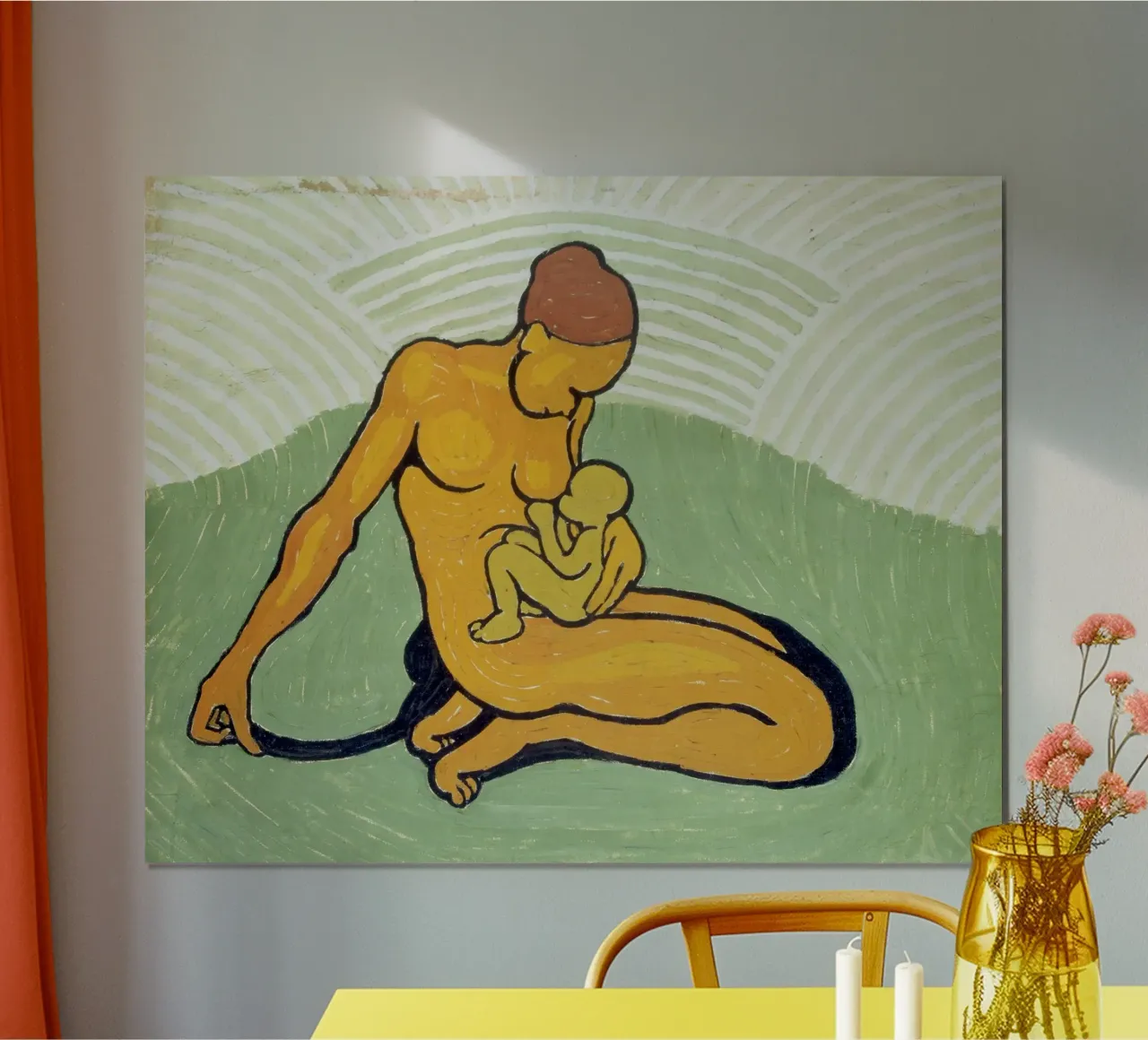 Wilhelm Morgner - Mutter mit Kind auf grünem Grund Poster mit Kunststoffrahmen von ARTOTHEK