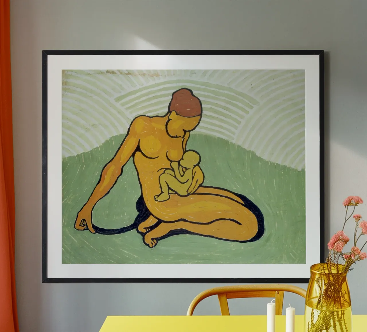 Wilhelm Morgner - Mutter mit Kind auf grünem Grund Poster mit Kunststoffrahmen von ARTOTHEK