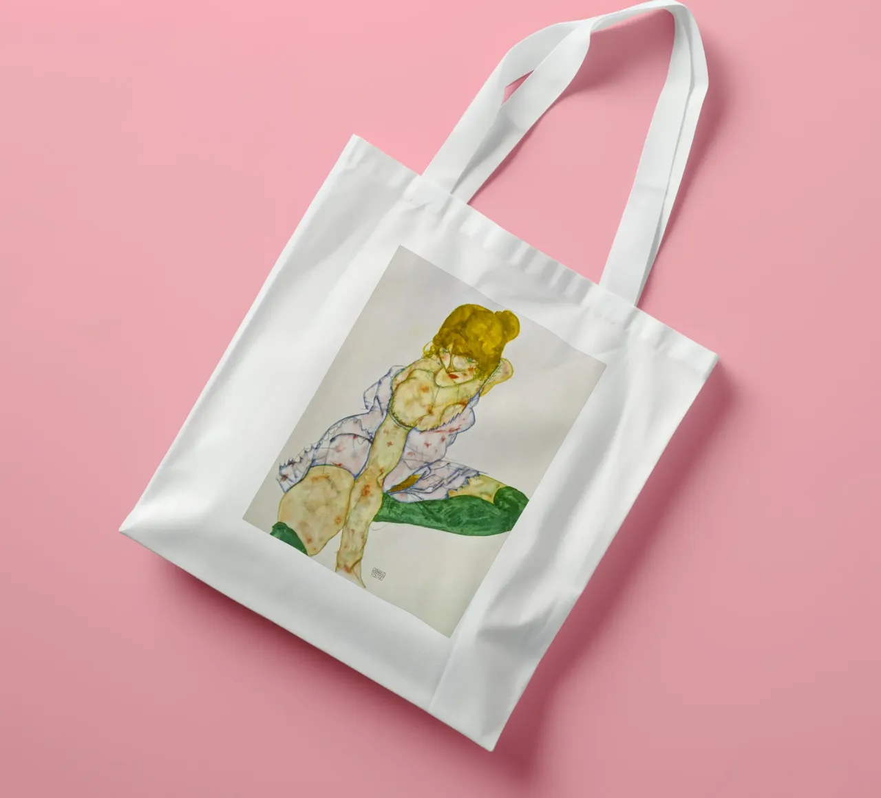 Egon Schiele - Ragazza bionda con calze verdi borsa in juta da ARTOTHEK