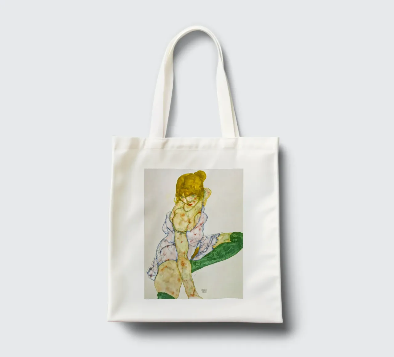 Egon Schiele - Ragazza bionda con calze verdi borsa in juta da ARTOTHEK