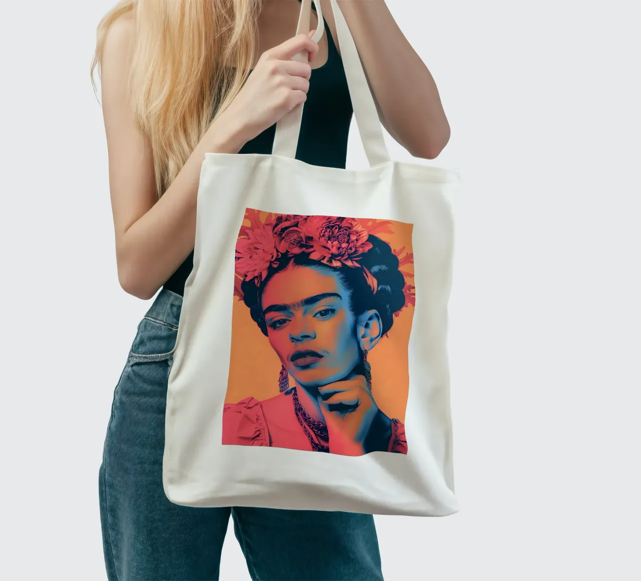 Frida pop art in spiaggia borsa in juta da Carinaprint