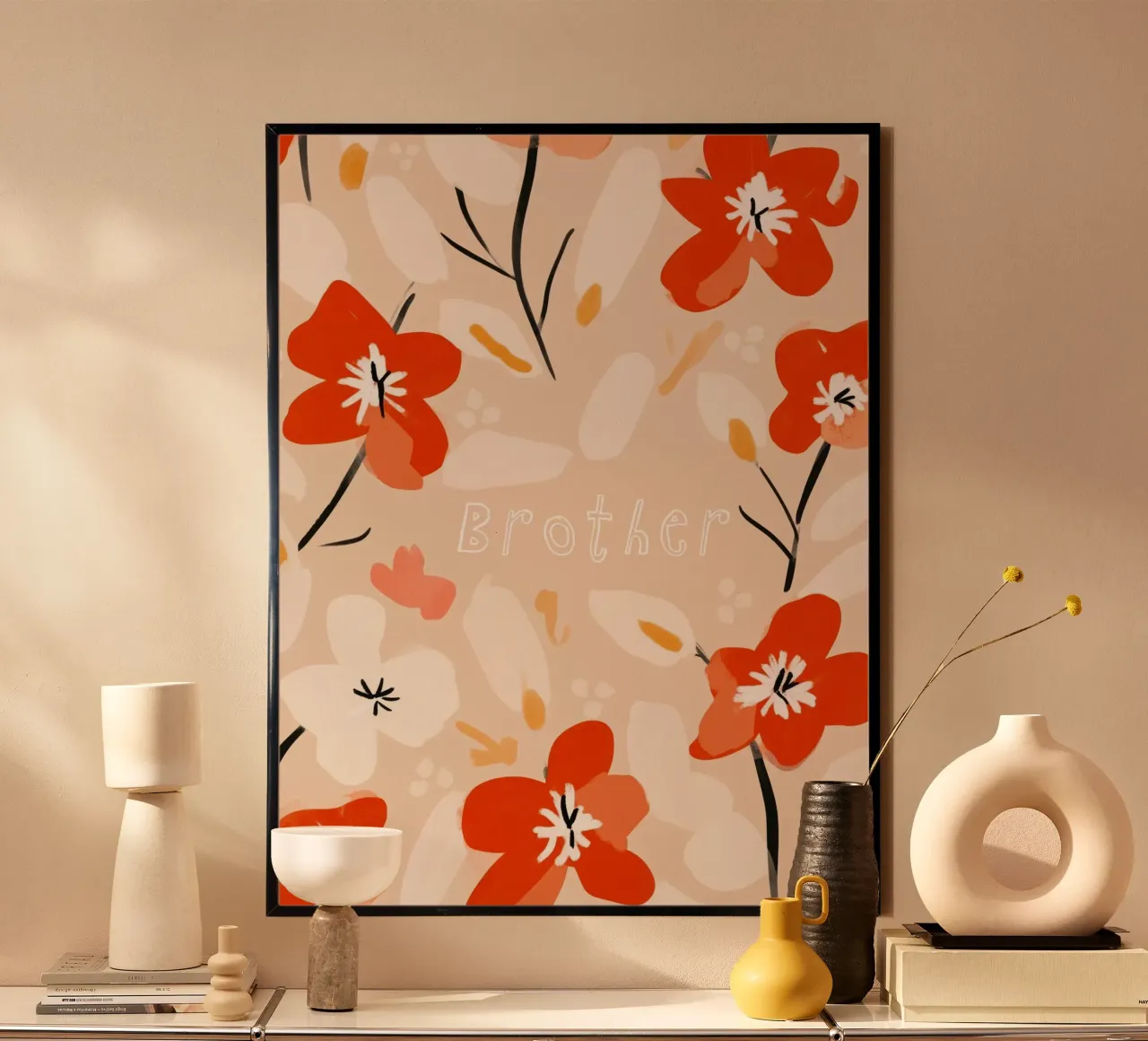 Brother (White Text) poster con telaio in plastica da treechild