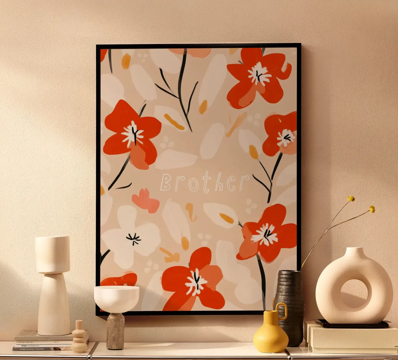 Brother (White Text) poster con telaio in plastica da treechild