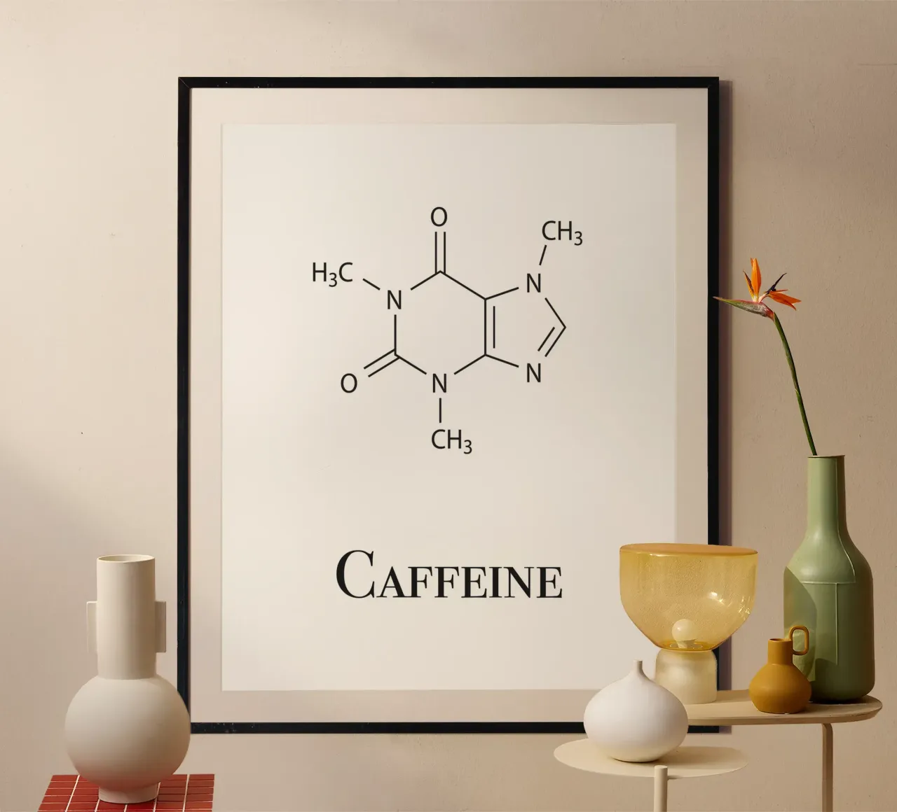 Koffein Molekül: Grafik für Kaffee-Liebhaber poster with wooden frame by Pulse of Art