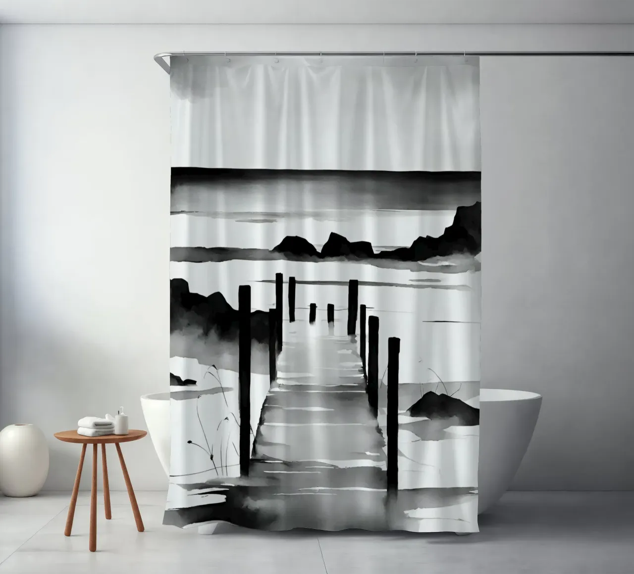 Steg am See - Aquarell shower curtain by Ohkimiko
