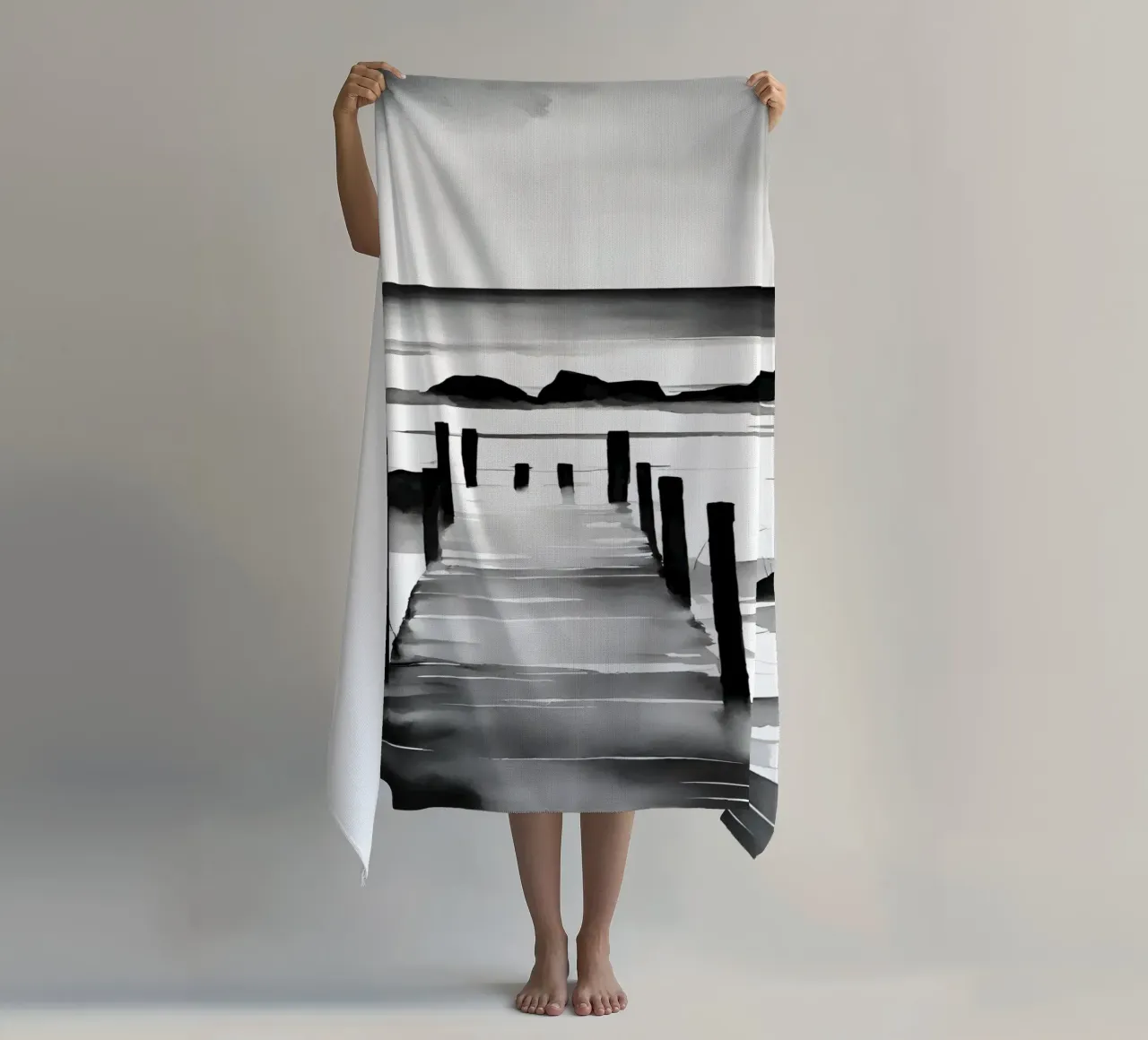 Steg am See - Aquarell beach towel by Ohkimiko