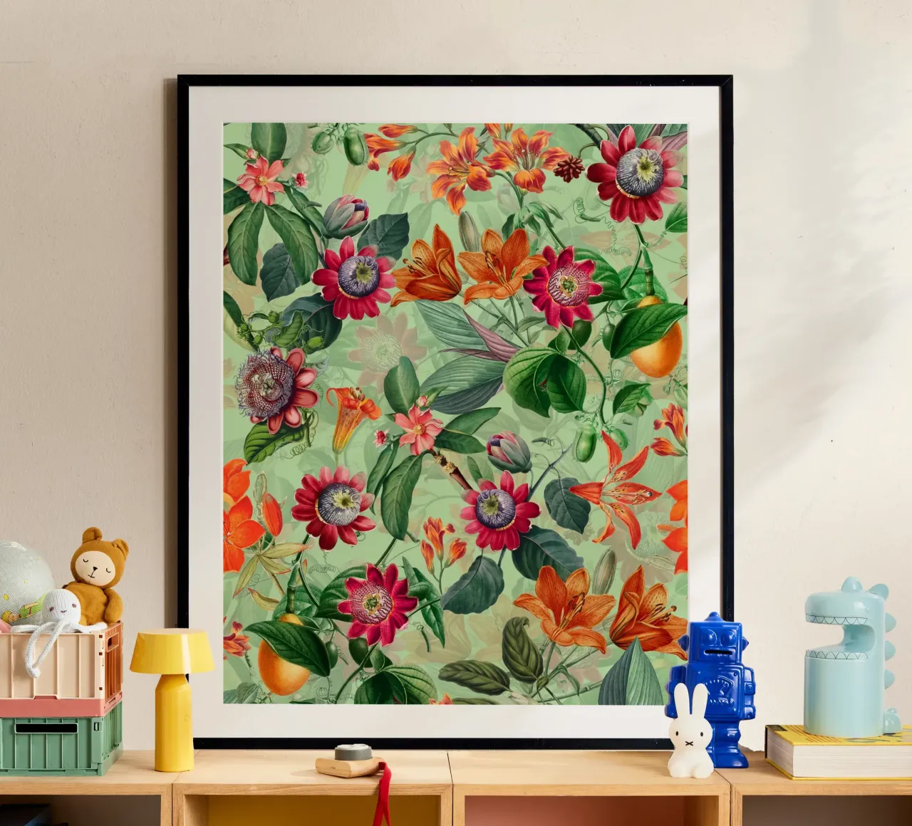 Giardino vintage di passiflore e frutti tropicali poster con telaio in alluminio da Flower Garden - Uta Naumann