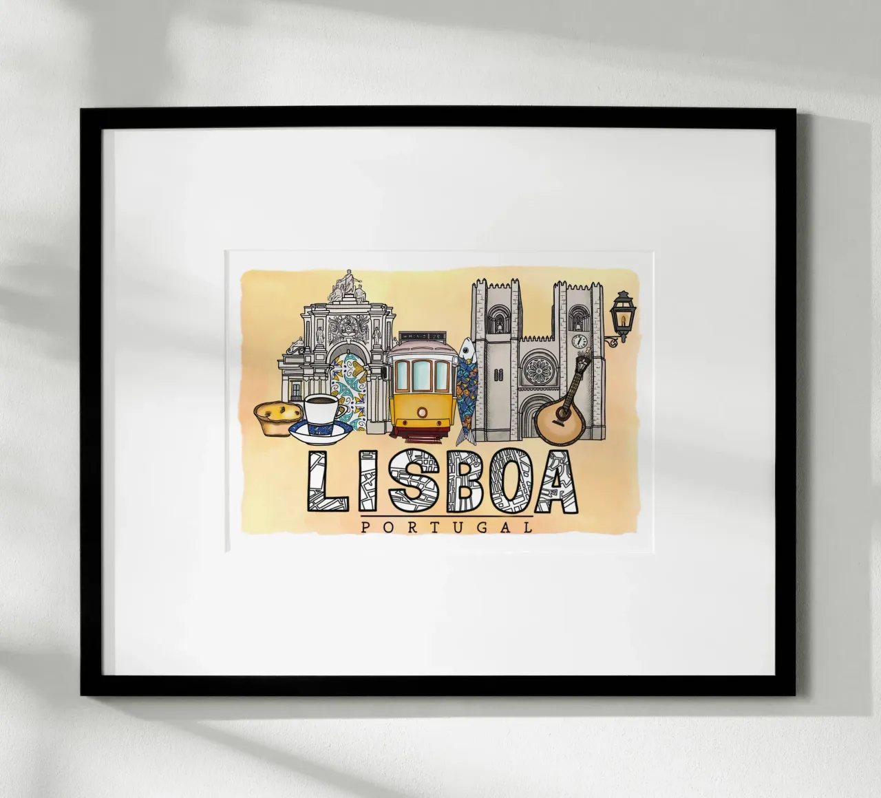 Skyline Lisbon Poster mit Holzrahmen von Claudiabrueggen
