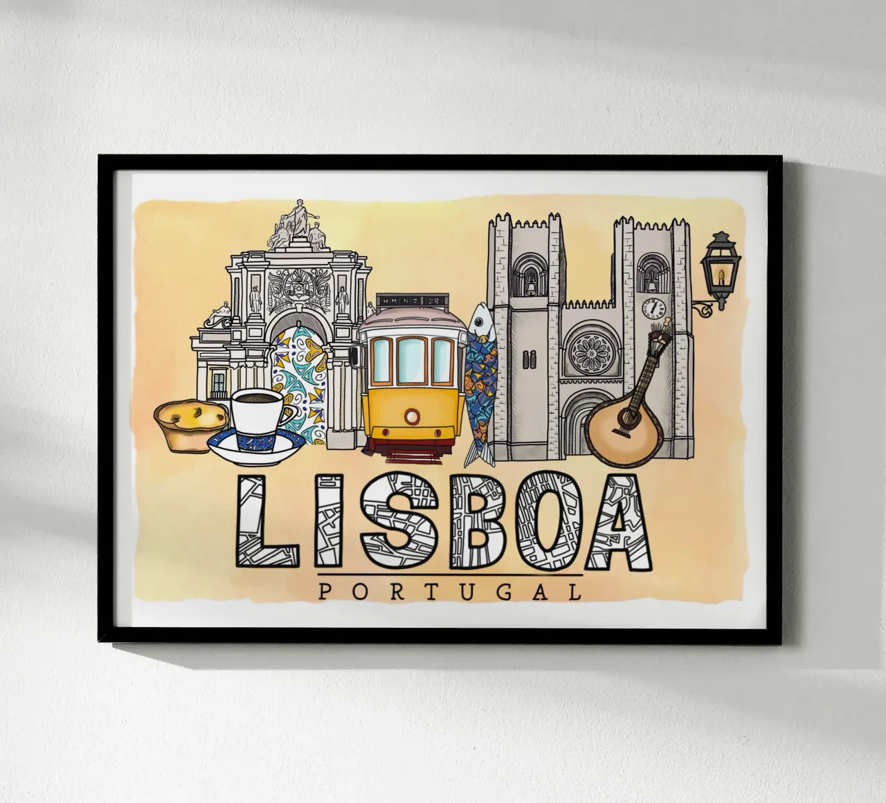 Skyline Lisbon Poster mit Holzrahmen von Claudiabrueggen