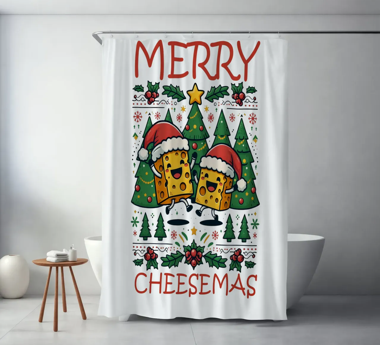 Merry Cheesemas shower curtain by edsonramosart