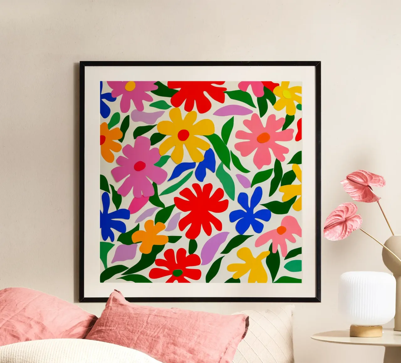 Fleurs colorées découpées dans le style Matisse poster avec cadre en aluminium de Modern Muse