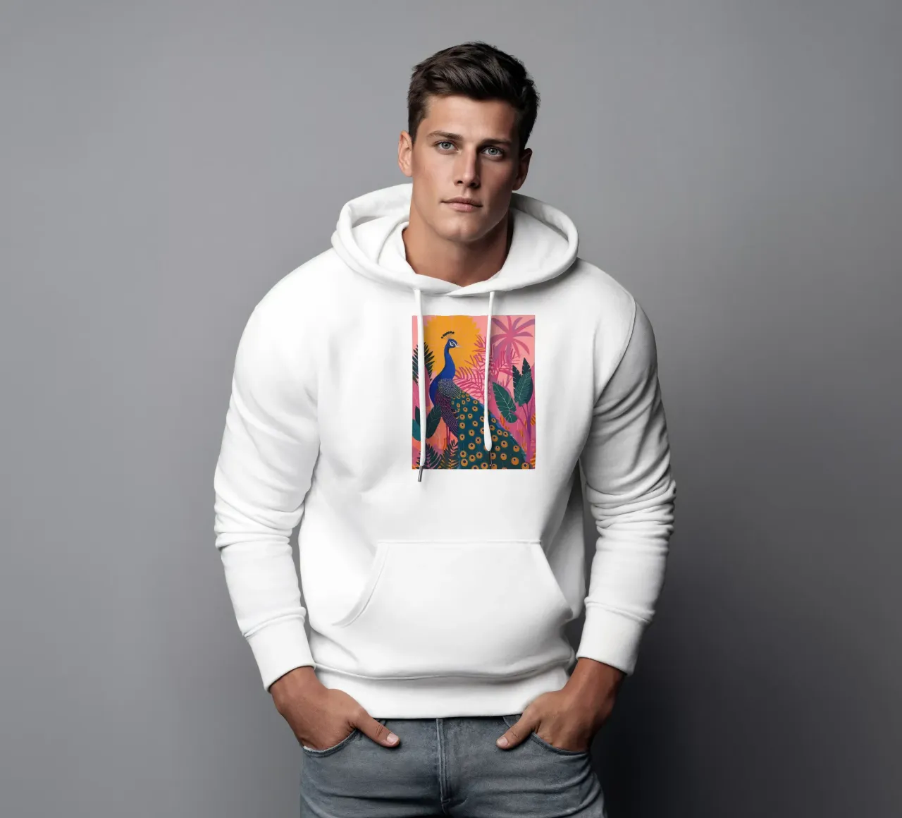 Pavone tra piante tropicali Fiori botanici rosa felpa con cappuccio da Gentle Echoes Art