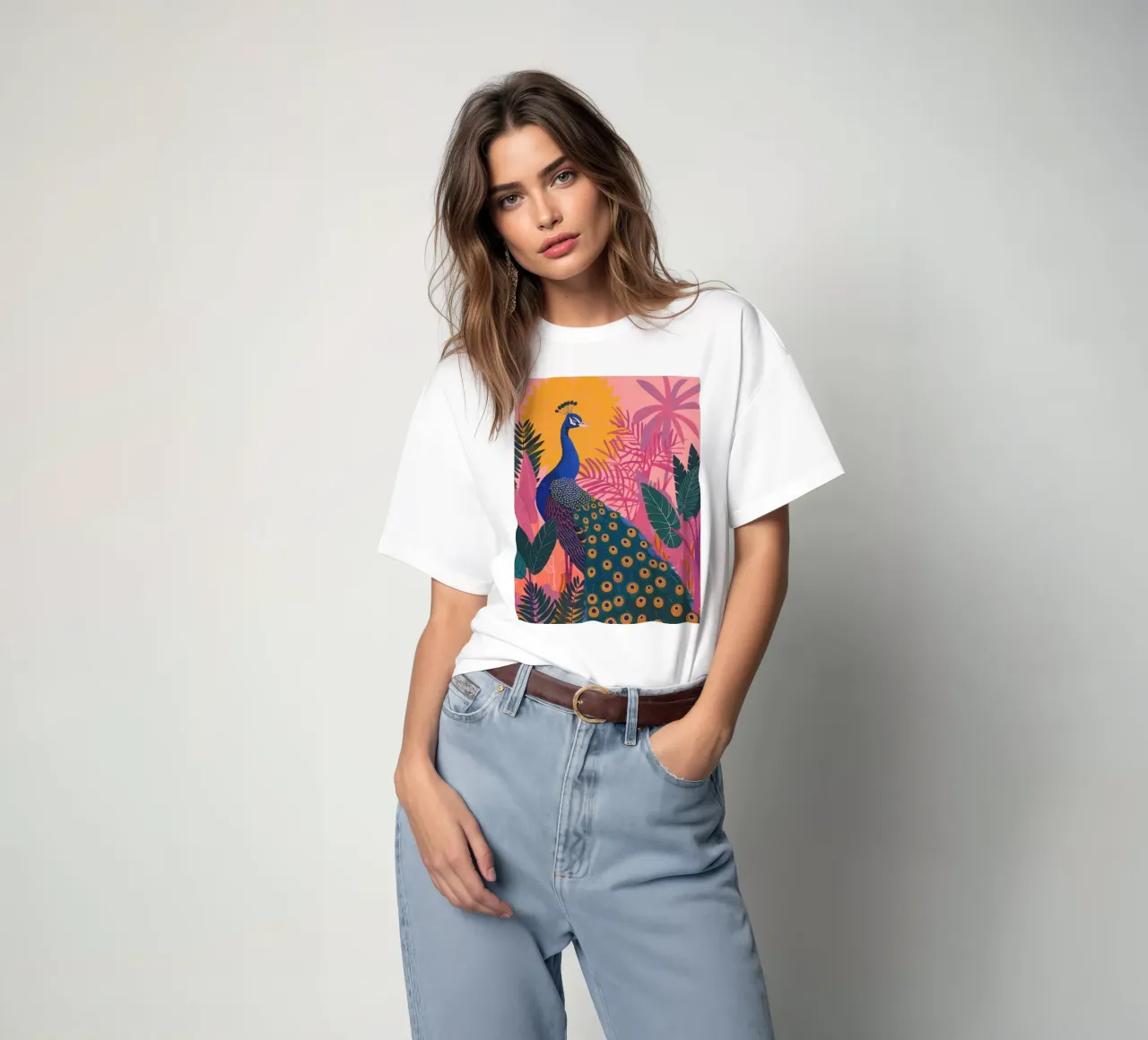 Pavone tra piante tropicali Fiori botanici rosa t-shirt da Gentle Echoes Art